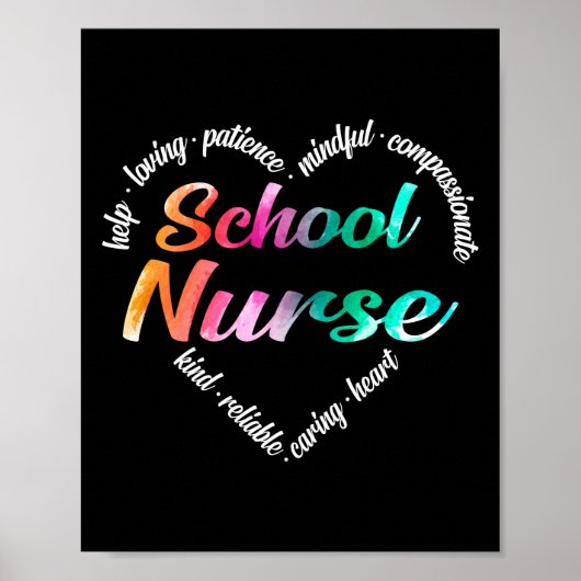 School Nurve Herz Word Cloud Watercolor Regenbogen Poster (Vorne)
