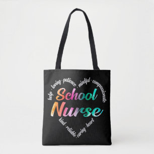 School Nurve Herz Word Cloud Watercolor Regenbogen Tasche