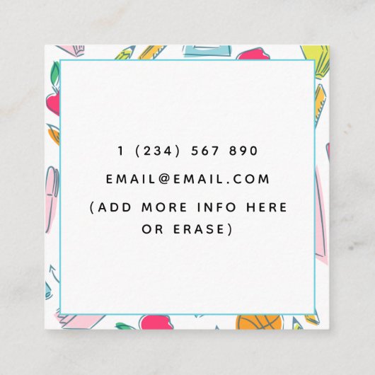 School Things Objects Mustertehrer farbenfroher Sp Quadratische Visitenkarte (Rückseite)