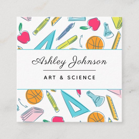 School Things Objects Mustertehrer farbenfroher Sp Quadratische Visitenkarte (Vorderseite)