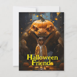 Schoolgirl und Pumpkin Dinogoblin Halloween Feiertagskarte