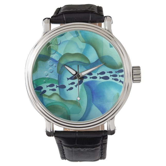 Schooling Fisch Aquarell Watch Armbanduhr (Vorderseite)