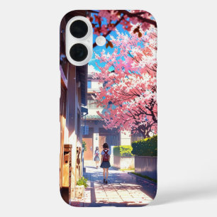Schoolyard im Frühling - Nostalgische Anime-Szene iPhone 16 Hülle