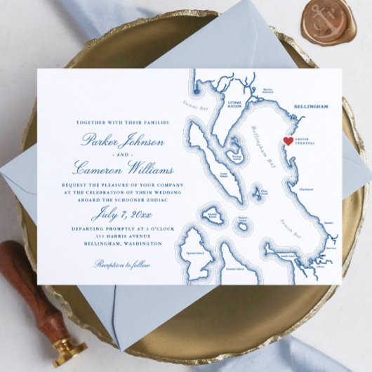 Schooner Zodiac Bellingham Bay WA Map Wedding Einladung