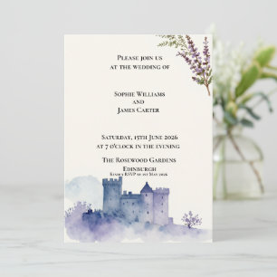 Schottische Burg Lavendel Aquarell Hochzeit Einladung