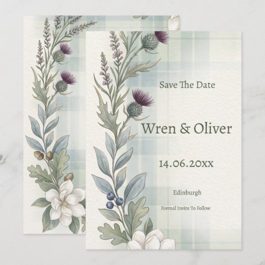 Schottische Distel-Heide-Wildblume - Hochzeitseinl Save The Date (Vorne/Hinten)