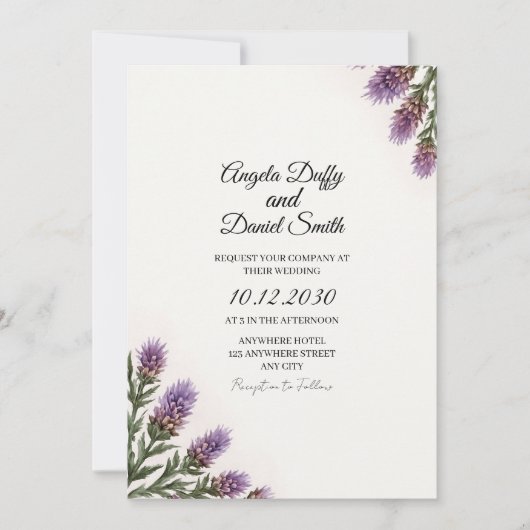 Schottische Distel-Script-Hochzeitseinladung Einladung (Vorderseite)