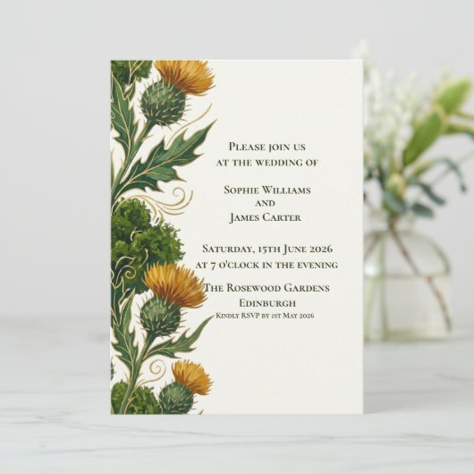 Schottische Gelbe Distel Goldene Wirbel Hochzeit Einladung (Stehend Vorderseite)