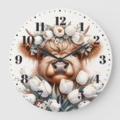 Schottische Highland-Kuh mit weißen Tulpen Wanduhr (Vorderseite)