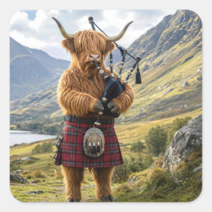 Schottische Highland-Kuh spielt auf den Dudelsäcke Quadratischer Aufkleber
