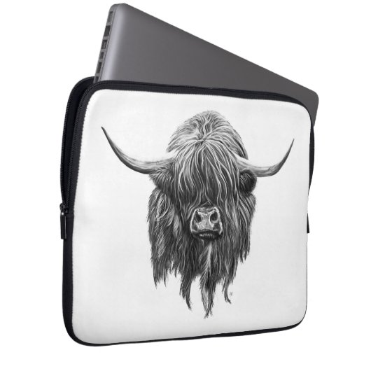 Schottische Hochland-Kuh in Schwarzweiss Laptopschutzhülle (Vorne Rechts)