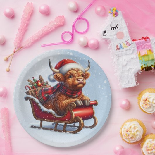 Schottische Hochlandkuh in Schlitten Pappteller (Party)