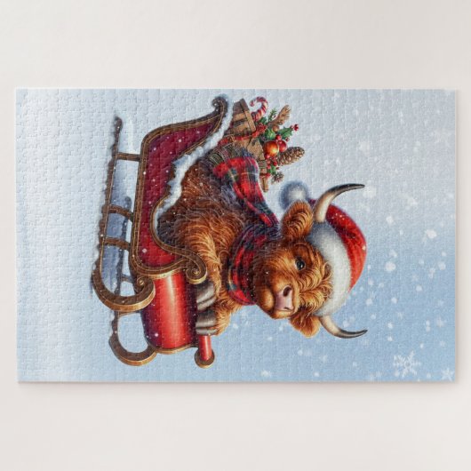 Schottische Hochlandkuh in Schlitten Puzzle (Horizontal)