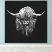 Schottische Hochlandkuh in Schwarz und Weiß Leinwanddruck (Insitu (Holzboden))
