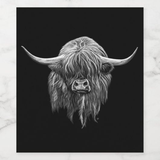 Schottische Hochlandkuh in Schwarz und Weiß Weinetikett (Einzelnes Label)