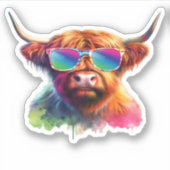 Schottische Hochlandkuh in Sonnenbrille farbiges W Aufkleber (Vorderseite)