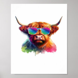 Schottische Hochlandkuh in Sonnenbrille farbiges W Poster