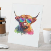 Schottische Hochlandkuh in Sonnenbrille farbiges W Sockelschild (In Situ)