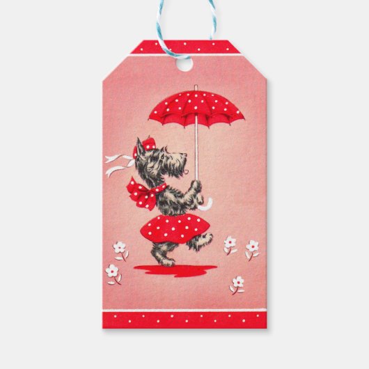 Schottische Hundedame mit Schirm Geschenkanhänger (Vorderseite)