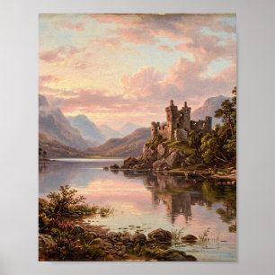 Schottische Loch-Burg-Ruine Highland-Rinder I Poster