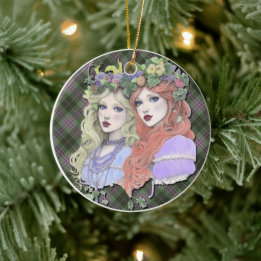 Schottische Mädchen auf schottischem Distel-Tartan Keramik Ornament