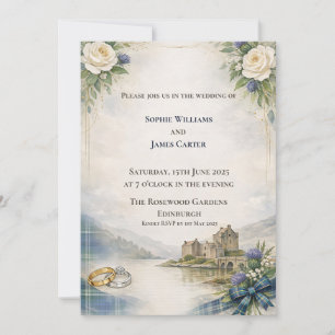 Schottische Rosen-Distel-Schloss-Aquarell-Hochzeit Einladung