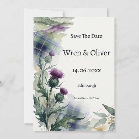Schottische Tartan Distel Blumen Save the Date Kar (Vorderseite)