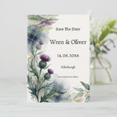 Schottische Tartan Distel Blumen Save the Date Kar (Stehend Vorderseite)
