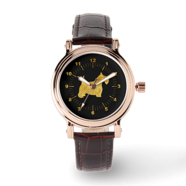Schottische Terrier in Gold und Black Watch Armbanduhr (Vorderseite)