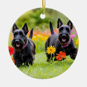 Schottische Terrier in Gras und Blume Keramik Ornament