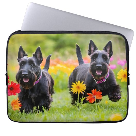 Schottische Terrier in Gras und Blume Laptopschutzhülle (Vorderseite)