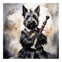 Schottische Terrier spielen Bagpipe in einer Kilot