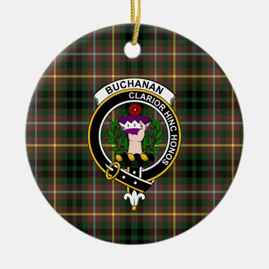 Schottischer Clan Buchanan Jagd Tartan und Wappen Keramik Ornament (Vorne)