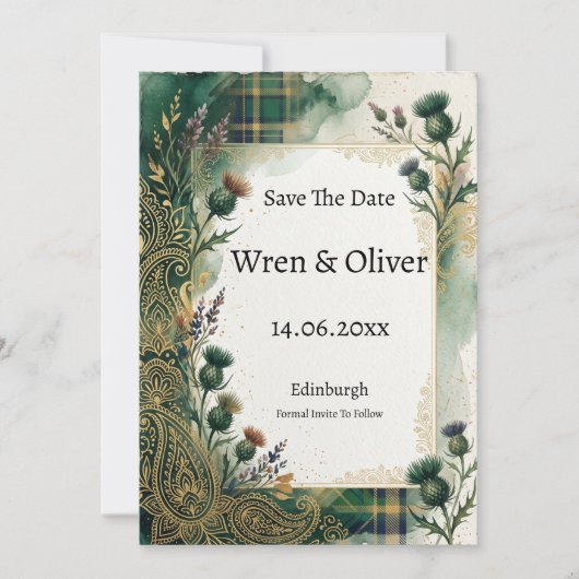 Schottischer Distel-Lavendel-Paisley Save The Date (Vorderseite)