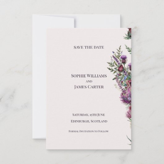 Schottischer Distel-Wildblumenstrauß Hochzeit Save The Date (Vorderseite)