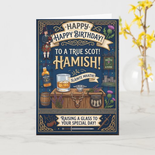 Schottischer Hamish Geburtstag Karte (Gelbe Blume)