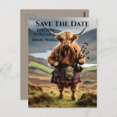 Schottischer Highland Cow Bagpiper, Save the Date Postkarte (Vorne/Hinten)
