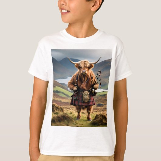 Schottischer Hochland Kuh Bagpiper, Kids Tshirt (Vorderseite)