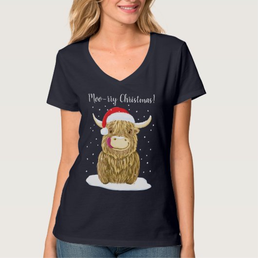 Schottischer Hochland-Kuh-frohe Weihnacht-Schnee T-Shirt (Vorderseite)