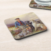 Schottischer Junge mit Wolfhounds in einem Getränkeuntersetzer (Linke Seite)