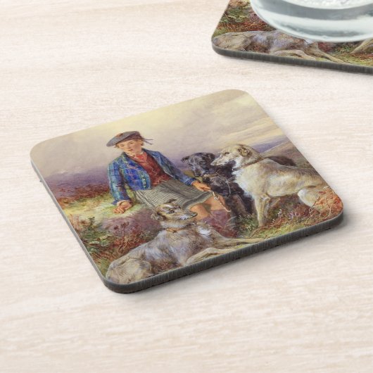 Schottischer Junge mit Wolfhounds in einem Getränkeuntersetzer (Linke Seite)