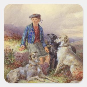 Schottischer Junge mit Wolfhounds in einem Quadratischer Aufkleber