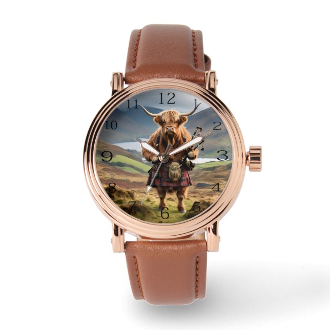 Schottischer Spaß: Highland Cow Bagpiper Armbanduhr (Vorderseite)