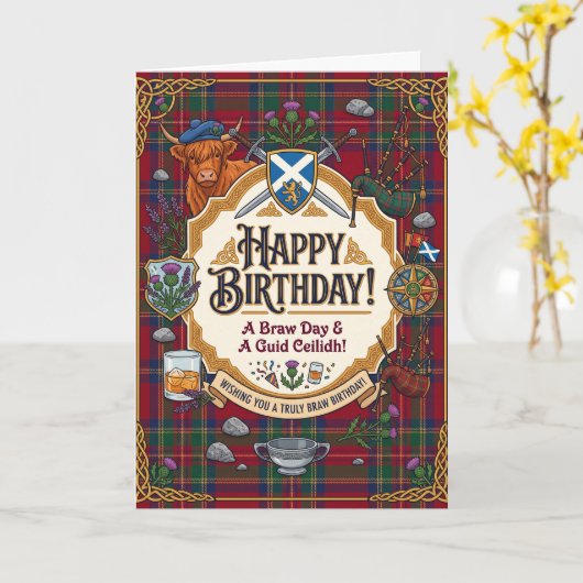 Schottischer Tartan-Geburtstag Karte (Gelbe Blume)