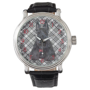 Schottischer Tartan-Scottie Schwarz & Weiß Armbanduhr