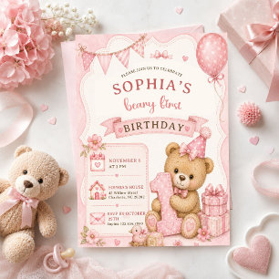 Schottischer Teddybär mit rosa Schleife zum Geburt Einladung