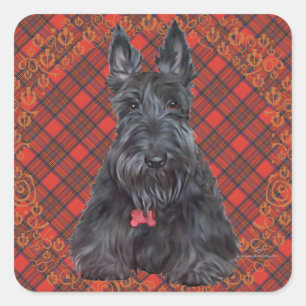 Schottischer Terrier auf Tartan Quadratischer Aufkleber