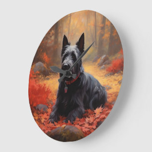 Schottischer Terrier im Herbstlaub Fall Inspiriert Große Wanduhr