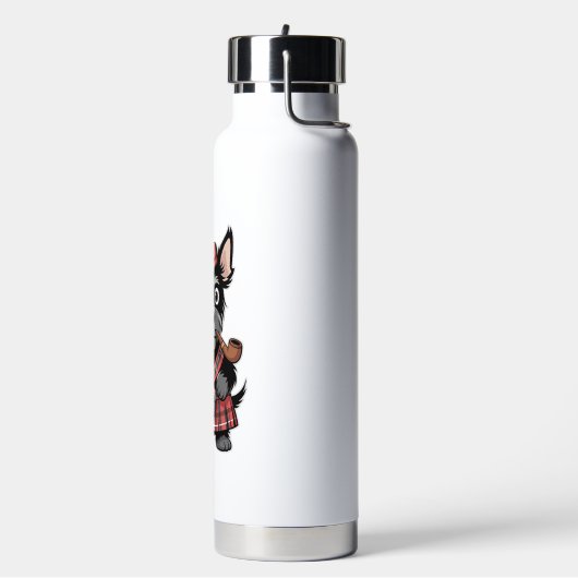 Schottischer Terrier im Schottenkaro-Kilt mit Bier Trinkflasche (Links)