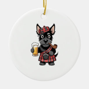 Schottischer Terrier in Tartan-Kilt mit Bier und P Keramik Ornament